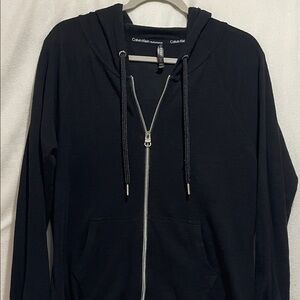 Calvin Klein Ladies Black Zip-Up Performance Hoodie Ruched Long Sleeve.